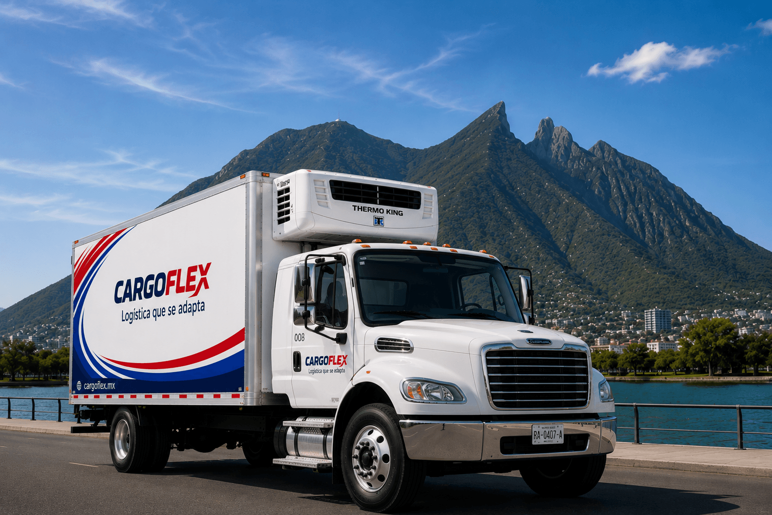 Unidad refrigerada rotulada de CargoFlex frente al Cerro de la Silla en Monterrey