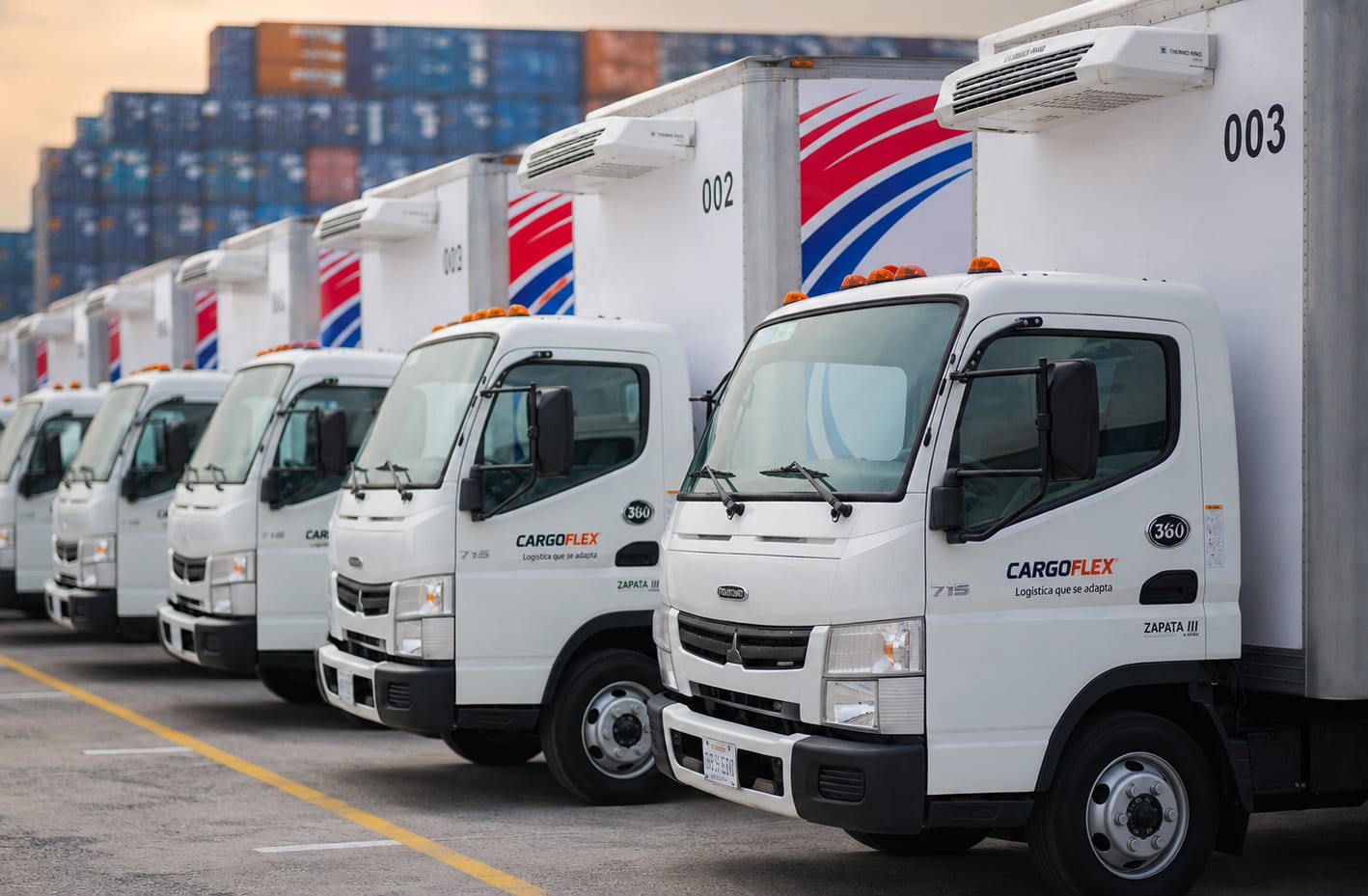 Flota de camiones de caja rotulados de CargoFlex formados frente a contenedores en Monterrey